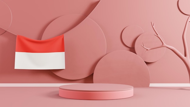 Flaga Indonezji z podium produktu i renderowaniem 3D drzewa jako koncepcja indonezyjskiego dnia niepodległości