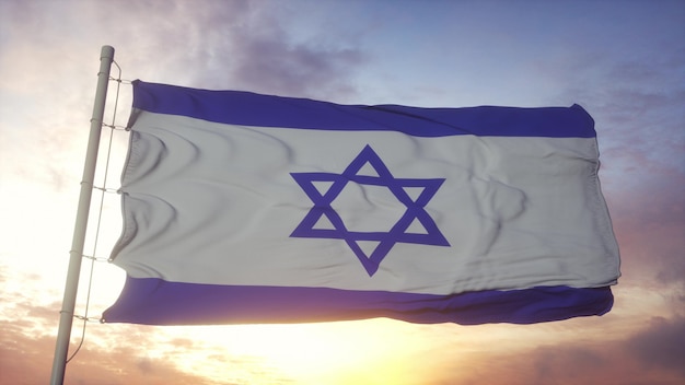 Flaga Izraela Na Wietrze. Flaga Narodowa Izraela. Renderowania 3d.