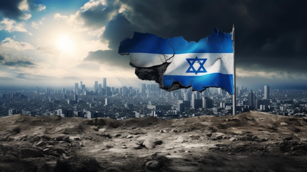 Flaga Izraela ze zniszczonym miastem