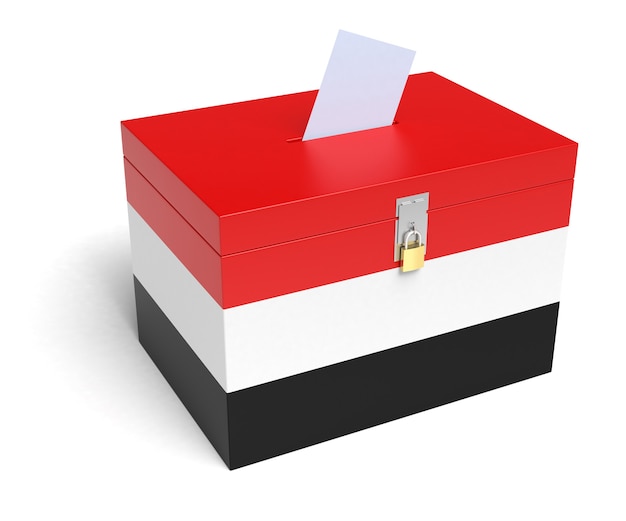 Flaga Jemenu urna wyborcza. Na białym tle. Renderowanie 3D