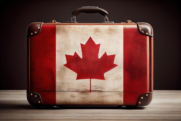 Flaga Kanady na zabytkowej skórzanej walizce Generative Ai