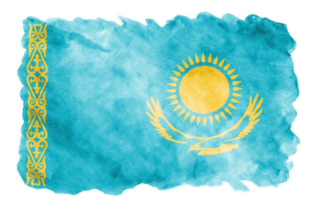 Flaga Kazachstanu Jest Przedstawiona W Płynnym Stylu Akwareli Na Białym Tle