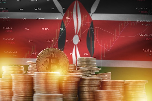 Flaga kenii i duża ilość złotych monet bitcoin oraz wykres platformy handlowej Krypto waluta