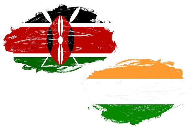 Flaga Kenii i Indii razem na białym tle pędzla obrysowego