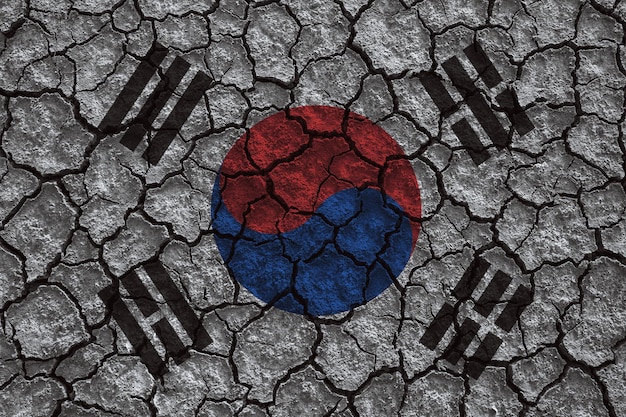 Flaga Korei Południowej namalowana na popękanej ziemi