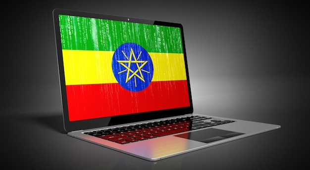 Flaga kraju Etiopii i kod binarny na ilustracji 3D ekranu laptopa