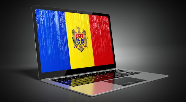 Flaga kraju Mołdawii i kod binarny na ilustracji 3D ekranu laptopa