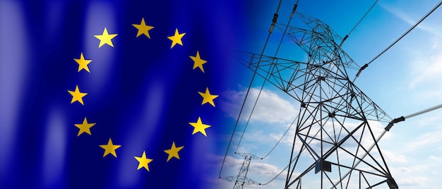 Flaga kraju Unii Europejskiej i słupy elektryczne ilustracja 3D