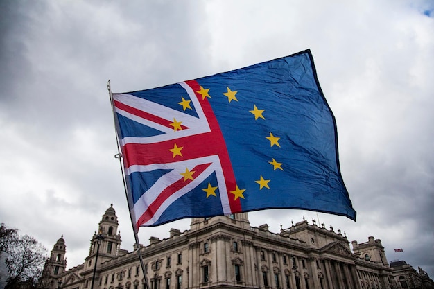 Flaga łącząca Unię Europejską i brytyjską Union Jack na rzecz pozostania w Europie
