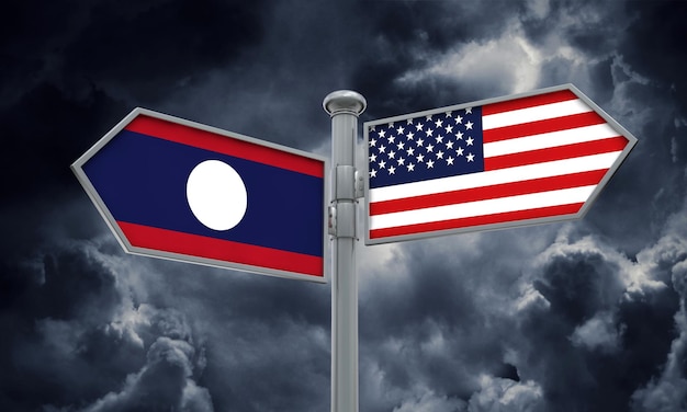 Flaga Laosu i Ameryki porusza się w innym kierunku Renderowanie 3D
