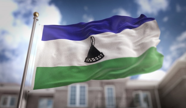 Flaga Lesotho 3D renderowania na tle błękitne niebo budynku