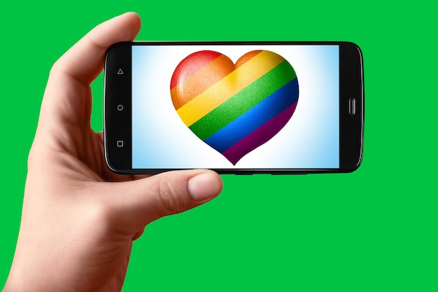 Flaga LGBT w kształcie serca na ekranie telefonu Smartfon w dłoni pokazuje flagowe serce na tle chroma key