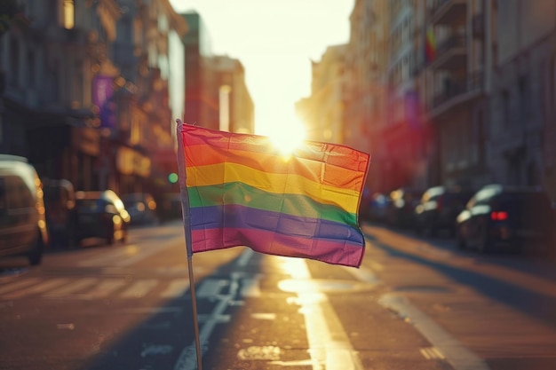 Flaga LGBtq machająca na świeżym powietrzu w mieście Uroczystość Pride Generatywna sztuczna inteligencja