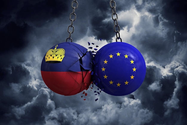 Flaga Liechtensteinu i kule polityczne Unii Europejskiej zderzają się ze sobą Renderowanie 3D