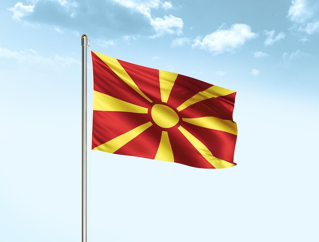 Flaga Macedonii Północnej machająca w błękitne niebo z chmurami Flaga Macedonii ilustracja 3D