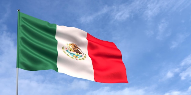 Flaga Meksyku na maszcie na tle błękitnego nieba Meksykańska flaga powiewa na wietrze na tle nieba z chmurami Miejsce na tekst ilustracja 3d