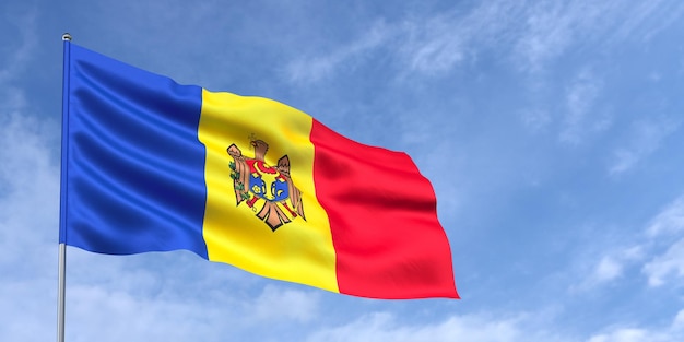 Flaga Mołdawii na maszcie na tle błękitnego nieba Flaga Mołdawii powiewająca na wietrze na tle nieba z białymi chmurami Miejsce na tekst ilustracji 3d