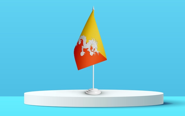 Flaga narodowa Bhutanu na podium 3D i niebieskim tle.