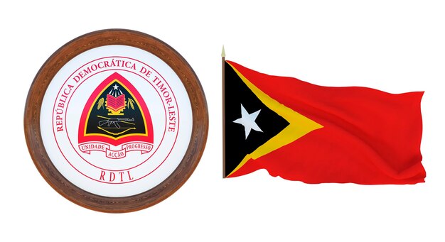 Flaga narodowa i herb Ilustracja 3D Timoru Wschodniego