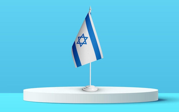 Flaga narodowa Izraela na podium i niebieskim tle.