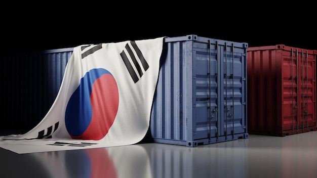 Flaga narodowa Korei Południowej i renderowanie 3d kontenera