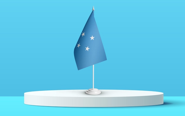 Flaga narodowa Mikronezji na podium 3D i niebieskim tle.