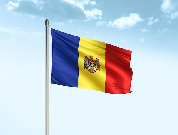 Zdjęcie flaga narodowa mołdawii macha na niebieskim niebie z chmurami flaga mołdawii ilustracja 3d