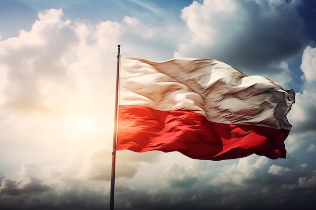 Zdjęcie flaga narodowa polski macha na niebieskim tle z chmurami