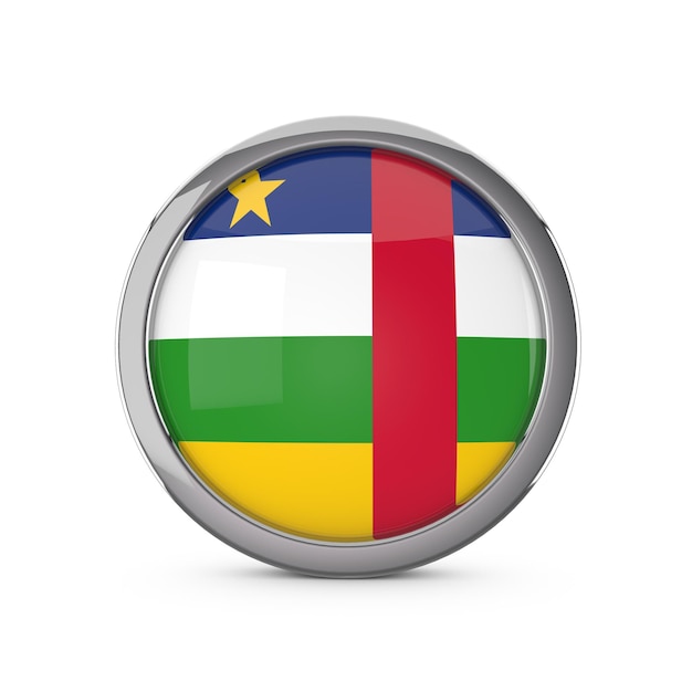 Flaga narodowa Republiki Środkowoafrykańskiej w błyszczącym kształcie koła z chromowaną ramką Renderowanie 3D