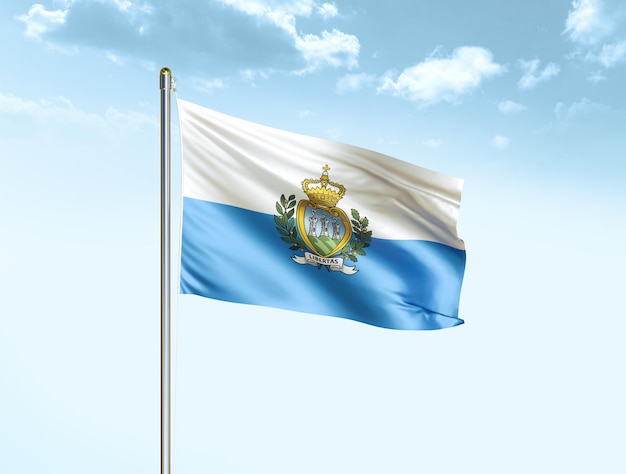 Flaga narodowa San Marino macha na niebieskim niebie z chmurami Flaga San Marino ilustracja 3D