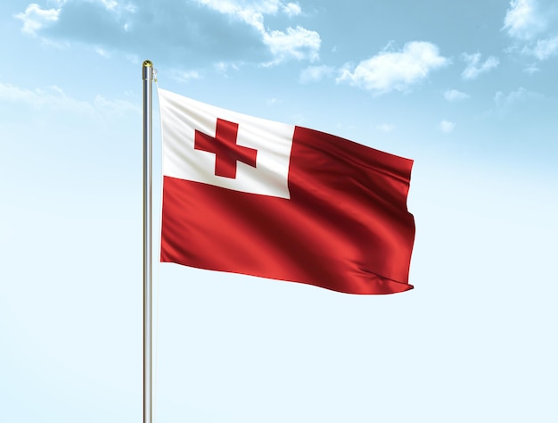 Flaga narodowa Tonga macha na niebieskim niebie z chmurami Flaga Tonga ilustracja 3D
