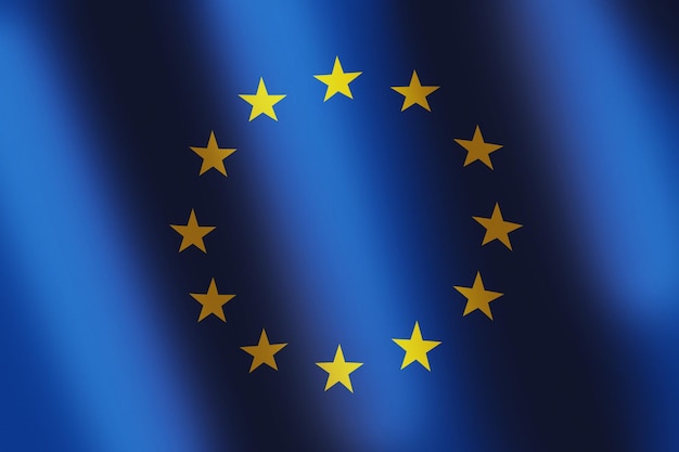 Flaga narodowa UE Niebieska flaga Unii Europejskiej ze złotymi gwiazdami i gładką falą wiatru na baner lub tło Fale symbolu narodowego zjednoczonej Europy fale na fladze