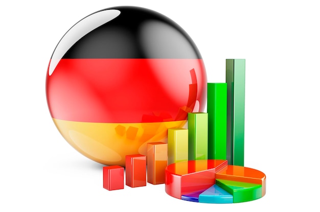 Flaga niemiecka z wykresem słupkowym wzrostu i wykresie kołowym Finanse biznesowe statystyki gospodarcze w Niemczech koncepcja renderowanie 3D izolowane na białym tle