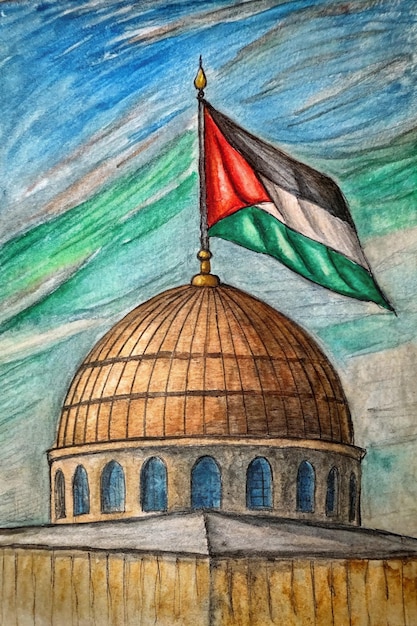 Flaga Palestyny i Kopuła Skalna Ręcznie narysowana akwarela