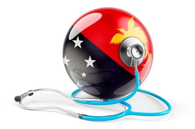Flaga Papui Nowej Gwinei ze stetoskopem Opieka zdrowotna w Papui Nowej Gwinei koncepcja renderowania 3D