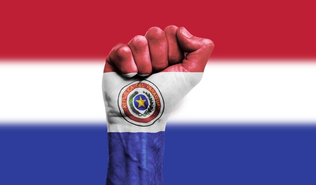 Flaga Paragwaju namalowana na koncepcji protestu siły zaciśniętej pięści