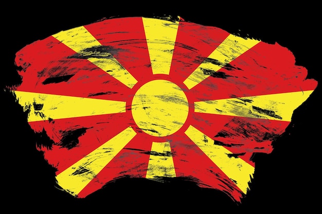 Flaga północnej macedonii na czarnym tle pędzla w trudnej sytuacji