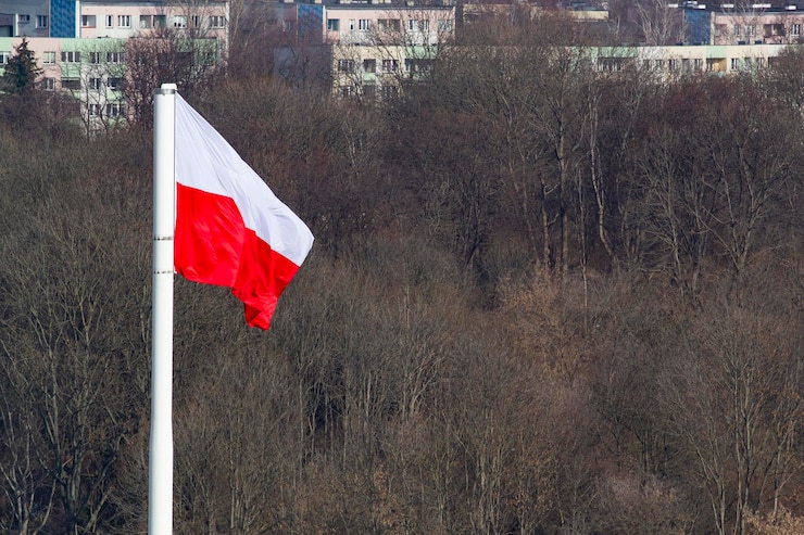 Zdjęcie flaga polski, a za nią widok na jedną z dzielnic miasta lublina