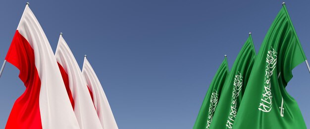 Flaga Polski I Arabii Saudyjskiej Na Masztach Na Niebieskim Tle Miejsce Na Tekst Ilustracja 3d