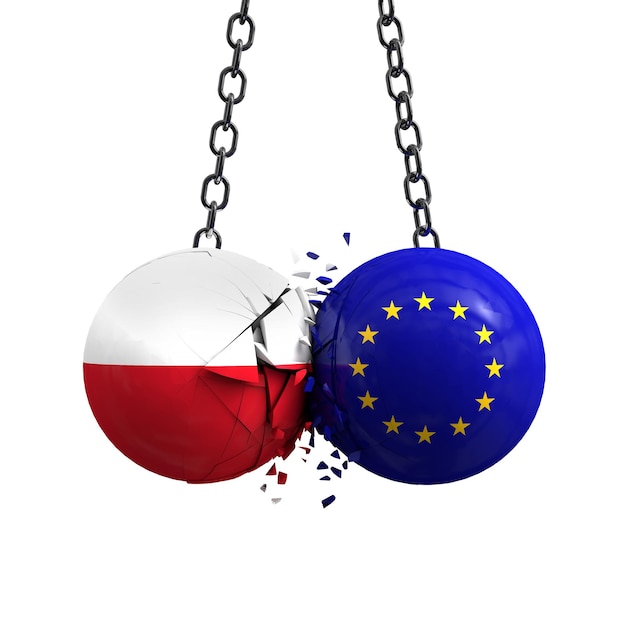 Flaga Polski i kule polityczne Unii Europejskiej zderzają się ze sobą Renderowanie 3D