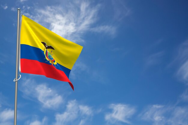 Flaga Republiki Ekwadoru na niebieskim tle nieba ilustracja 3D