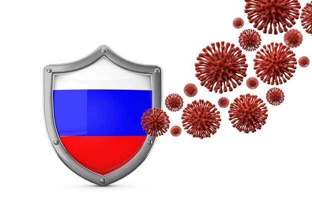 Zdjęcie flaga rosji chroni tarczę przed wirusem i bakterią renderującą
