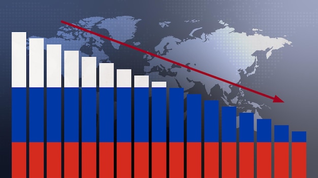 Zdjęcie flaga rosji na koncepcji wykresu słupkowego z malejącymi wartościami koncepcja polityki kryzysu gospodarczego powoduje konflikty koncepcji wojny z flagą