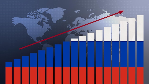 Zdjęcie flaga rosji na koncepcji wykresu słupkowego z rosnącymi wartościami ożywienia gospodarczego i poprawy biznesu po kryzysie i innych katastrofach, gdy gospodarka i przedsiębiorstwa ponownie się otwierają