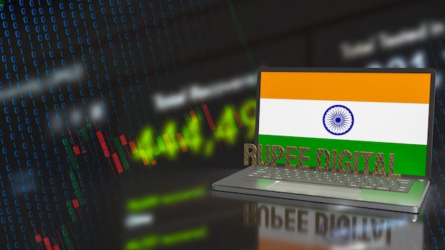 Flaga rupii cyfrowych i Indii na notebooku dla technologii i koncepcji biznesowej renderowania 3d