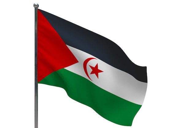 Flaga Sahrawi Arab Democratic Republic na słupie. Maszt metalowy. Flaga narodowa Sahrawi Arabskiej Republiki Demokratycznej 3D ilustracji na białym tle