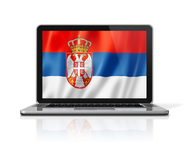 Flaga Serbii na ekranie laptopa na białym tle. Renderowanie 3D ilustracji.