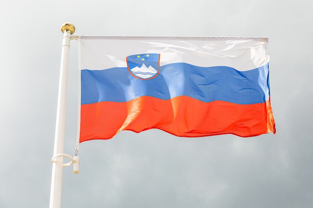 Flaga Słowenii na flagstuff przed niebem