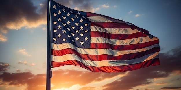 Flaga Stanów Zjednoczonych Ameryki macha na wietrze w łagodnym świetle zachodu słońca.