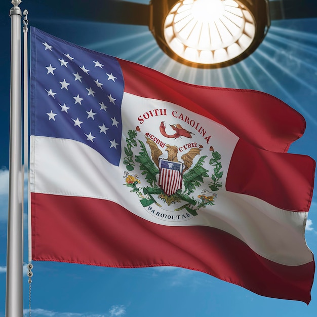 Flaga stanu Południowa Karolina USA z dużymi fałdami machającymi blisko pod światłem studia w pomieszczeniach